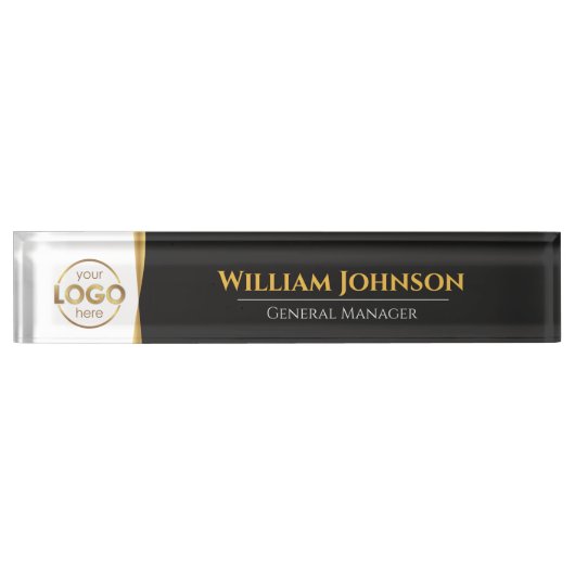 Benutzerdefiniertes Logo Elegante Black Gold Desk Namensplakette (Vorderseite)