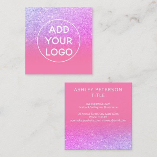 Benutzerdefiniertes Logo Moderner lila Glitzer Pin Quadratische Visitenkarte (Vorne/Hinten)