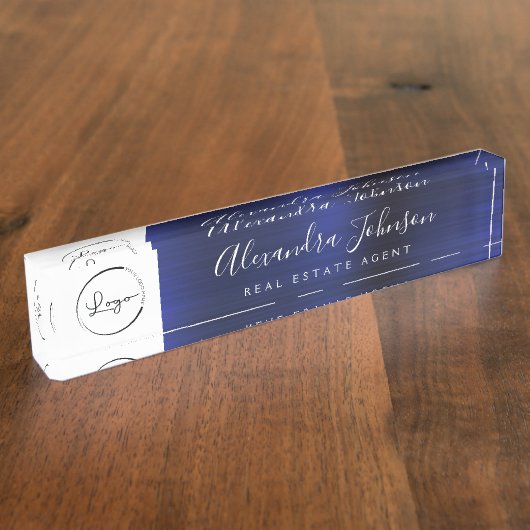 Benutzerdefiniertes Logo Navy Blue Elegant Berufli Namensplakette (Seite)