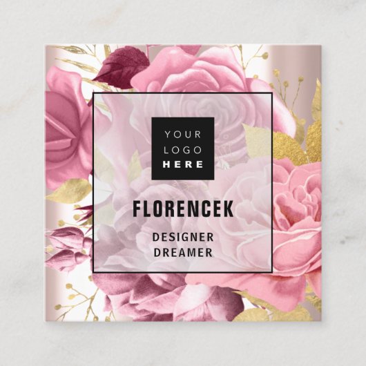 Benutzerdefiniertes Logo QR CODE Rose Gold Blumenb Quadratische Visitenkarte (Vorderseite)
