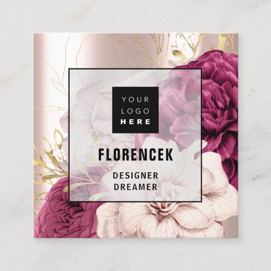 Benutzerdefiniertes Logo QR CODE Rose Gold Floral Quadratische Visitenkarte (Vorderseite)