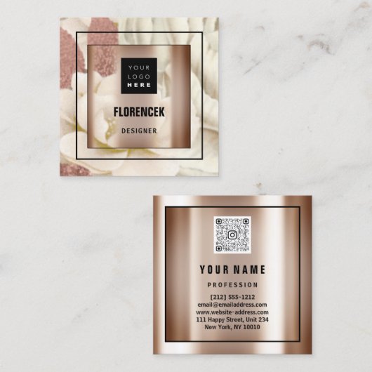 Benutzerdefiniertes Logo QR CODE Rose Gold Frame B Quadratische Visitenkarte (Vorne/Hinten)