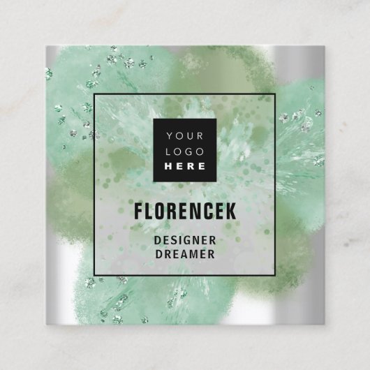 Benutzerdefiniertes Logo QR CODE Silver Grau Flora Quadratische Visitenkarte (Vorderseite)