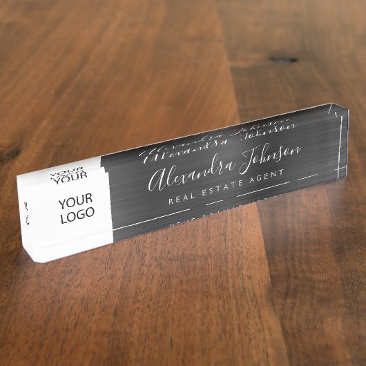 Benutzerdefiniertes Logo Schwarz Elegant Beruflich Namensplakette (Seite)