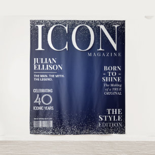 Benutzerdefiniertes Mode-Magazin-Banner, Blau Silb Wandteppich
