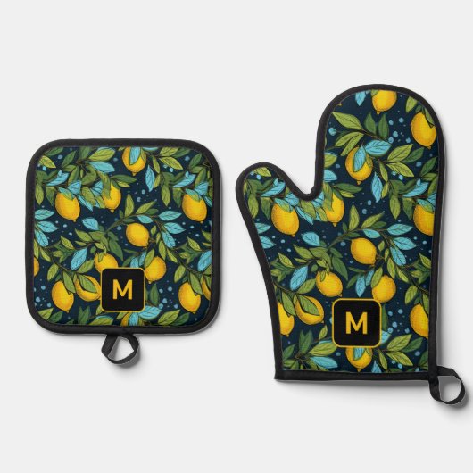 Benutzerdefiniertes Monogram-Lemon-Muster Ofenhandschuh & Topflappen-Set (Vorderseite)