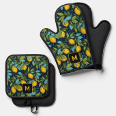 Benutzerdefiniertes Monogram-Lemon-Muster Ofenhandschuh & Topflappen-Set (Vorderseite/Rückseite)