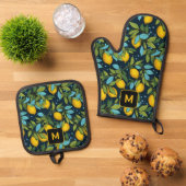 Benutzerdefiniertes Monogram-Lemon-Muster Ofenhandschuh & Topflappen-Set (Oben Unten)