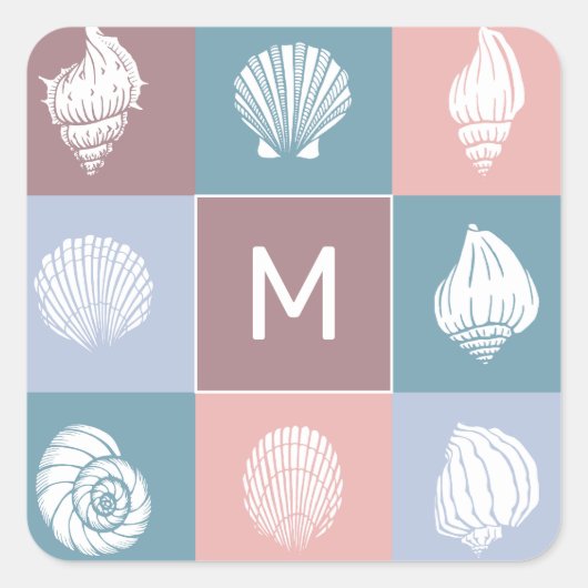 Benutzerdefiniertes Monogram Seashells Muster Quadratischer Aufkleber (Vorderseite)