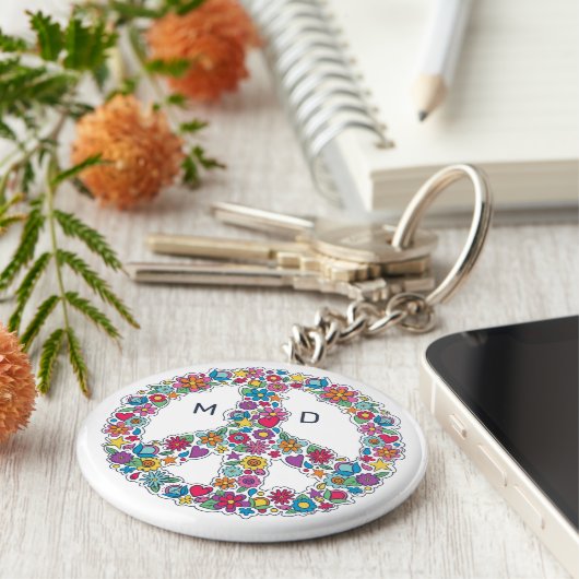 Benutzerdefiniertes Monogramm-Blume-Friedenszeiche Schlüsselanhänger (Seite)