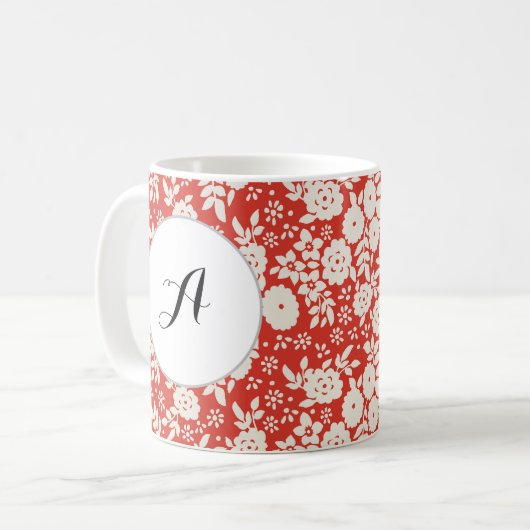 Benutzerdefiniertes Monogramm-Blume-Muster Red Kaffeetasse (Vorderseite Links)