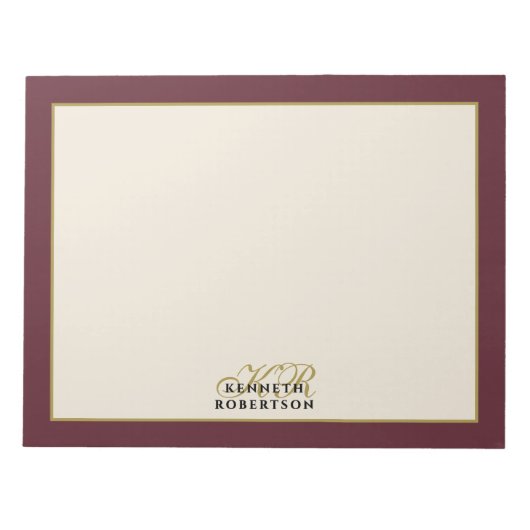 Benutzerdefiniertes Monogramm Burgunder Creme Gold Notizblock (Vorderseite)