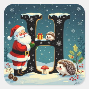 Benutzerdefiniertes Monogramm H Santa Igel Schneef Quadratischer Aufkleber