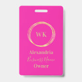 Benutzerdefiniertes Monogramm Hot Pink Gold Mitarb Ausweis (Rückseite)