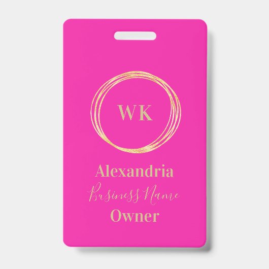 Benutzerdefiniertes Monogramm Hot Pink Gold Mitarb Ausweis (Vorderseite)