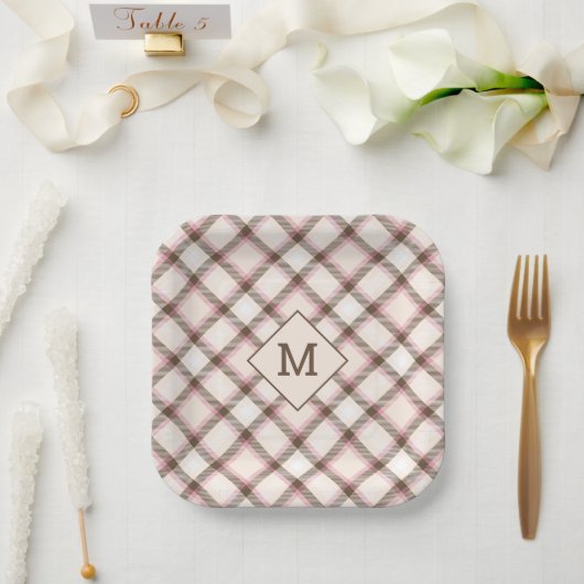 Benutzerdefiniertes Monogramm Kariert / Tartan Mus Pappteller (Hochzeit)