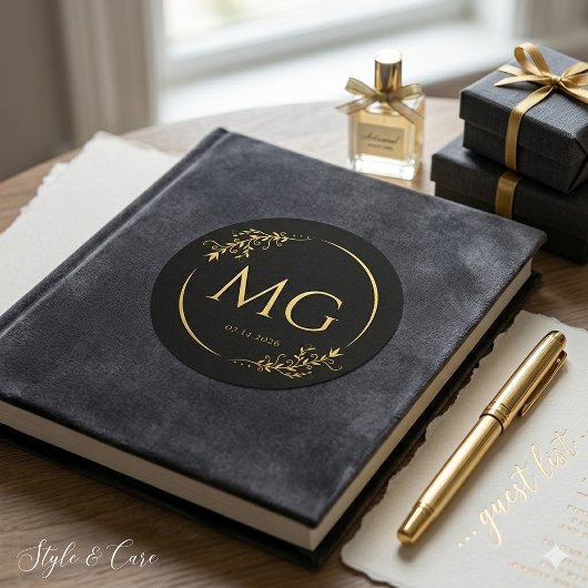 Benutzerdefiniertes Monogramm mit Datum Schwarz Me Runder Aufkleber