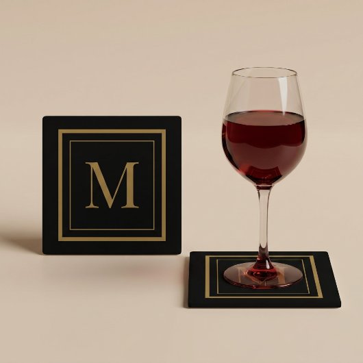 Benutzerdefiniertes Monogramm mit schwarzem und go Glasuntersetzer