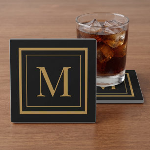 Benutzerdefiniertes Monogramm mit schwarzem und go Glasuntersetzer