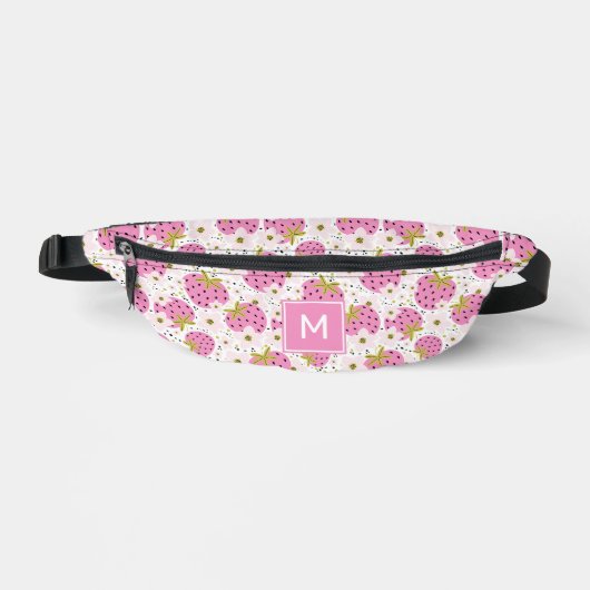Benutzerdefiniertes Monogramm Rosa Erdbeeren Muste Bauchtasche (Vorderseite)