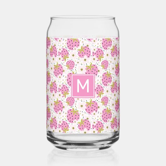 Benutzerdefiniertes Monogramm Rosa Erdbeeren Muste Dosenglas (Vorderseite)