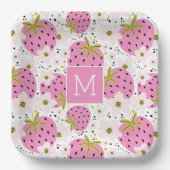 Benutzerdefiniertes Monogramm rosa Erdbeeren Pappteller (Vorderseite)
