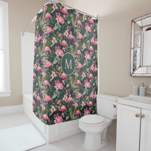 Benutzerdefiniertes Monogramm rosa Flamingos tropi Duschvorhang (Beispiel)