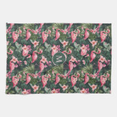 Benutzerdefiniertes Monogramm rosa Flamingos tropi Geschirrtuch (Horizontal)