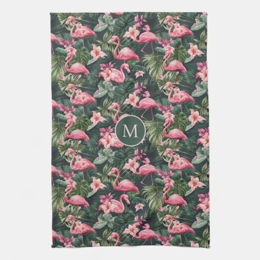 Benutzerdefiniertes Monogramm rosa Flamingos tropi Geschirrtuch (Vertikal)