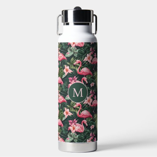 Benutzerdefiniertes Monogramm rosa Flamingos tropi Trinkflasche (Vorderseite)