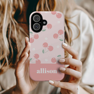 Benutzerdefiniertes Monogramm Rosa Retro-Kirschen iPhone 16 Hülle