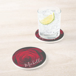 Benutzerdefiniertes Monogramm rote Rose Vintage-Fo Getränkeuntersetzer