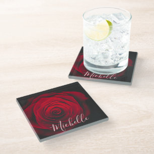 Benutzerdefiniertes Monogramm rote Rose Vintage-Fo Glasuntersetzer