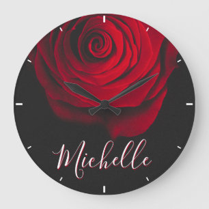 Benutzerdefiniertes Monogramm rote Rose Vintage-Fo Große Wanduhr