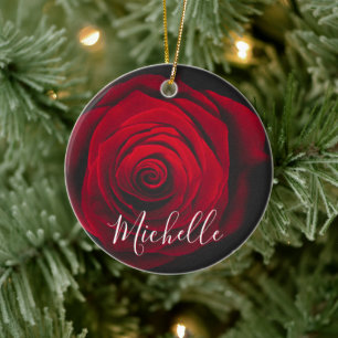 Benutzerdefiniertes Monogramm rote Rose Vintage-Fo Keramik Ornament