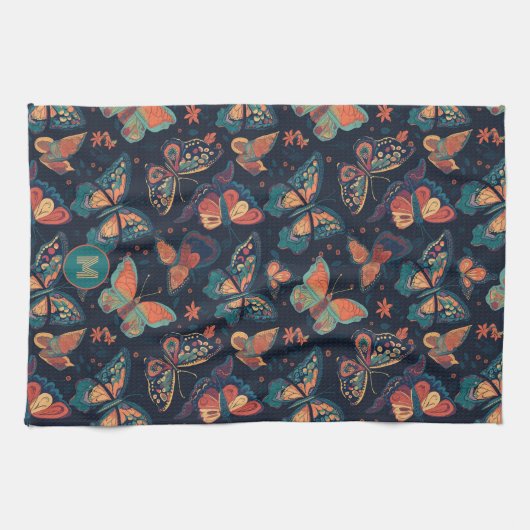 Benutzerdefiniertes Monogramm-Schmetterlingsmuster Geschirrtuch (Horizontal)