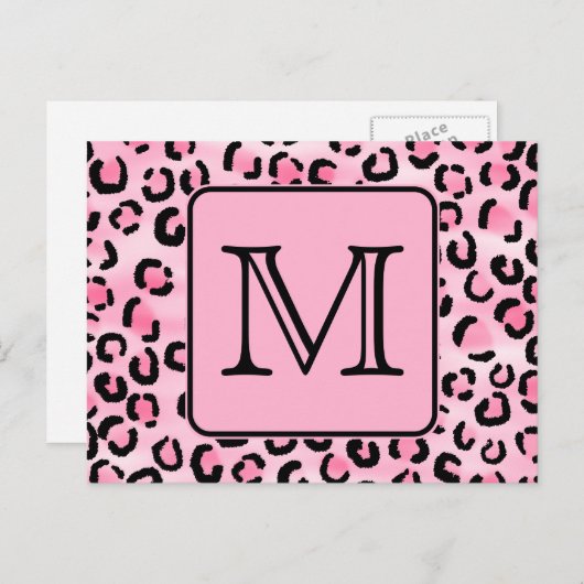 Benutzerdefiniertes Monogramm. Schwarz-Rosa-Leopar Postkarte (Vorne/Hinten)