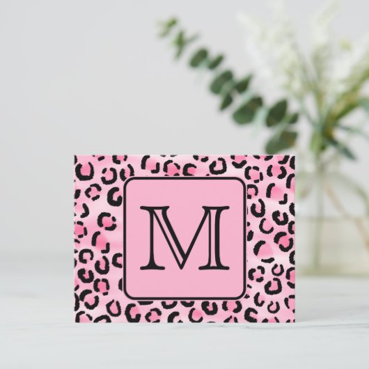 Benutzerdefiniertes Monogramm. Schwarz-Rosa-Leopar Postkarte (Stehend Vorderseite)