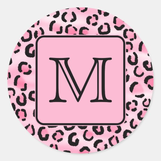 Benutzerdefiniertes Monogramm. Schwarz-Rosa-Leopar Runder Aufkleber (Vorderseite)