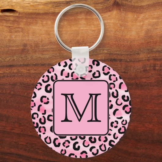 Benutzerdefiniertes Monogramm. Schwarz-Rosa-Leopar Schlüsselanhänger (Vorderseite)