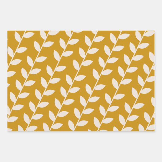 Benutzerdefiniertes Mustard 70er Retro Leaf Muster Geschenkpapier Set (Vorderseite 2)