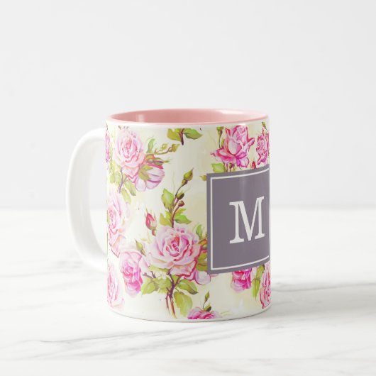 Benutzerdefiniertes Muster Alte Rose Monogramm Tas Zweifarbige Tasse (Vorderseite Links)