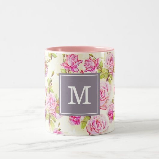 Benutzerdefiniertes Muster Alte Rose Monogramm Tas Zweifarbige Tasse (Mittel)