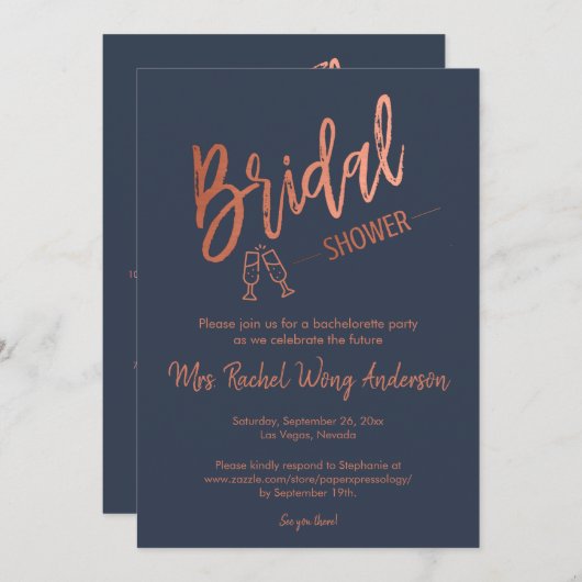 Benutzerdefiniertes Navy Einfaches Skript-Rose Gol Einladung (Vorne/Hinten)