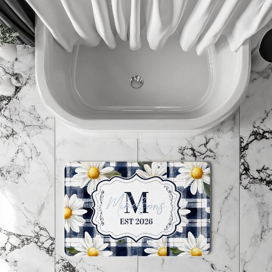 Benutzerdefiniertes Navy Gingham Daisy Monogramm Badematte