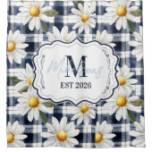 Benutzerdefiniertes Navy-Gingham-Daisy-Monogramm Duschvorhang (Vorderseite)