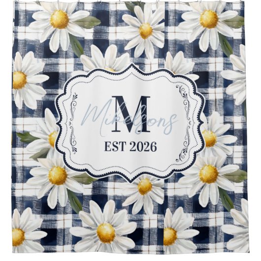 Benutzerdefiniertes Navy-Gingham-Daisy-Monogramm Duschvorhang (Vorderseite)