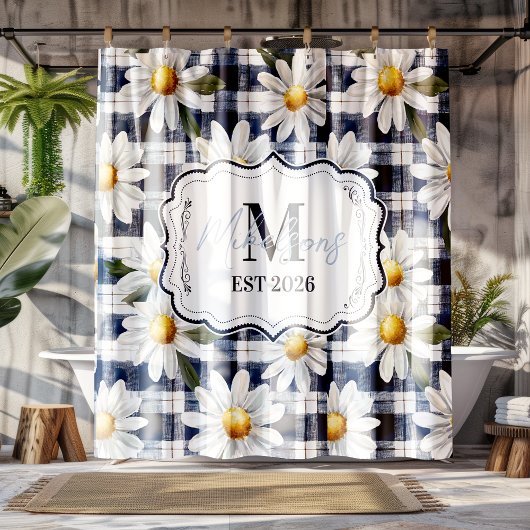 Benutzerdefiniertes Navy-Gingham-Daisy-Monogramm Duschvorhang