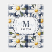 Benutzerdefiniertes Navy-Gingham-Daisy-Monogramm Fleecedecke (Vorderseite)