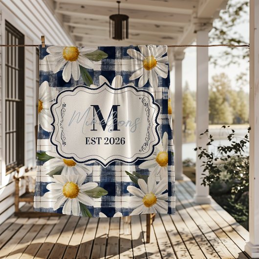 Benutzerdefiniertes Navy-Gingham-Daisy-Monogramm Fleecedecke
